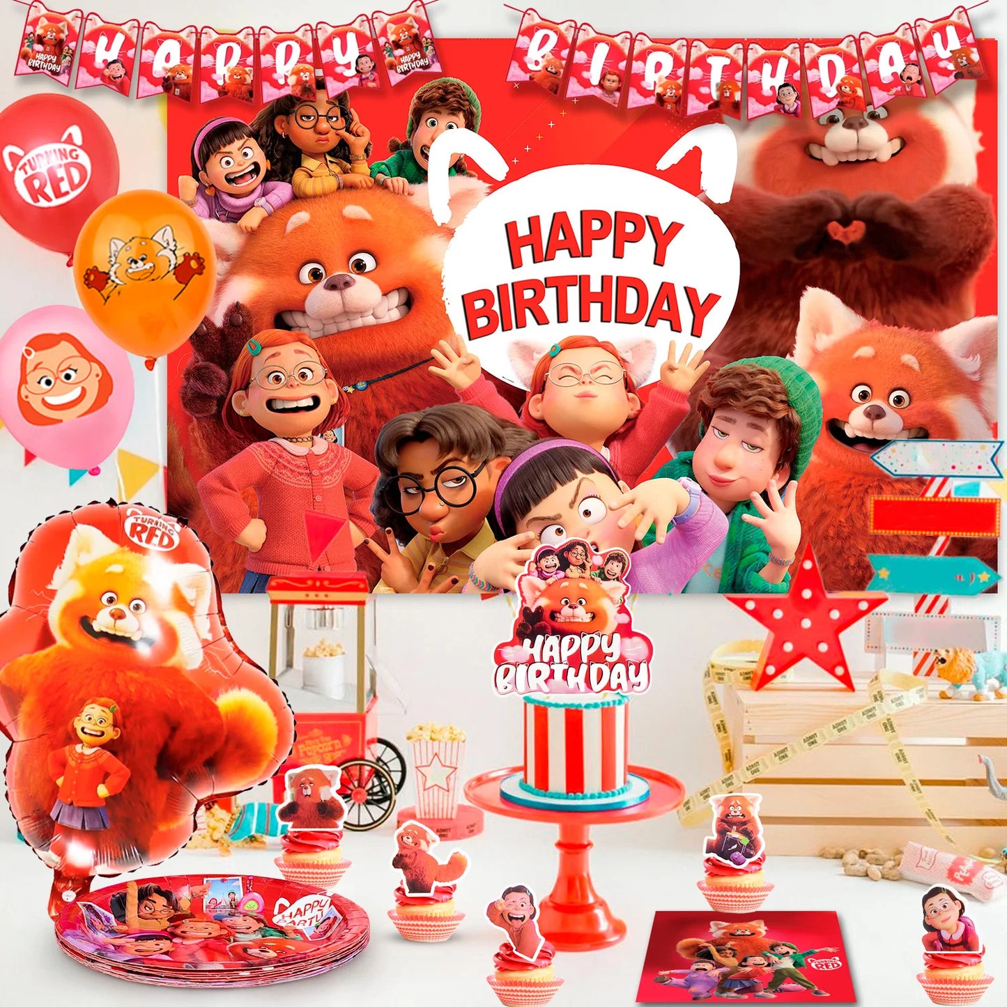 Turning Red Party Supplies – 113‑Piece Decoration Set (Plates, Tablecloth, Balloons & More)