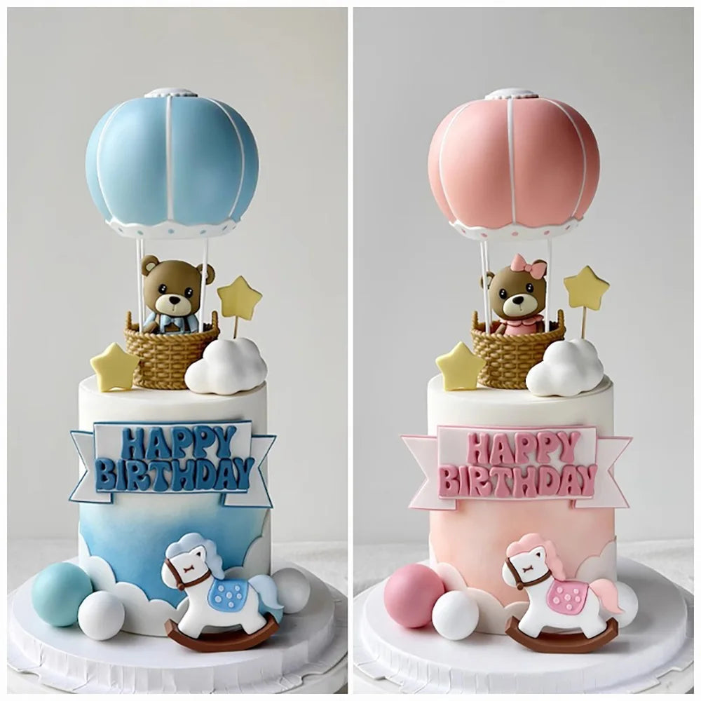 New Hot Air Balloon Cake Decoration Pink Blue Bear Cake Topper for Boy Girl Baby Shower Kids Happy Birthday Party Supplies Gifts