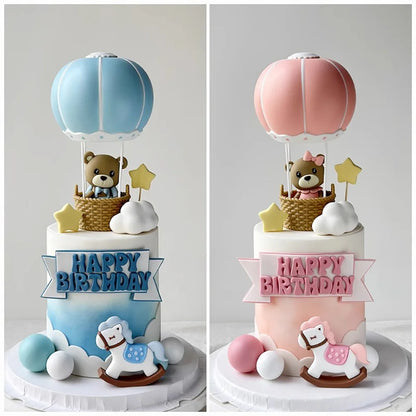 New Hot Air Balloon Cake Decoration Pink Blue Bear Cake Topper for Boy Girl Baby Shower Kids Happy Birthday Party Supplies Gifts