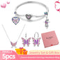Pink Heart Bracelet Set 925 Silver Original Flower Ring Butterfly Earrings & Gift Box For Women Wedding Jewelry Best Wish 5pcs