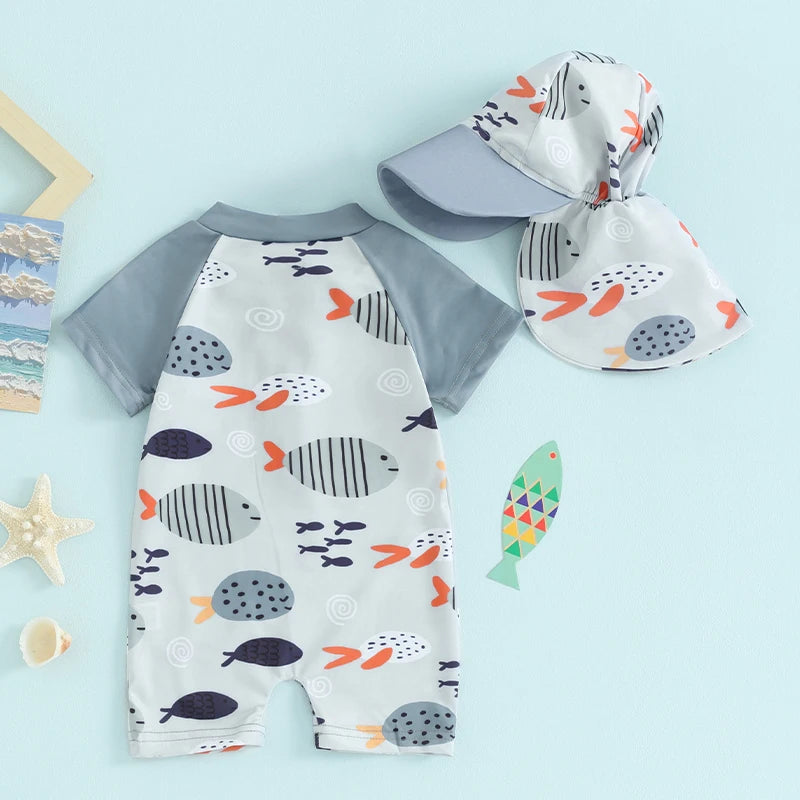 2024-01-04 Lioraitiin Toddler Baby Boys Swimwear Cartoon Fish Print Short Sleeve Swimsuit Zipper Bathing Suits with Swimming Hat