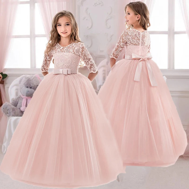 Girl's Elegant Tulle Bow Dress for Party Bridesmaid Wedding Ball Gown Princess First Communion Dress