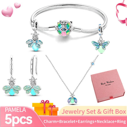 Pink Heart Bracelet Set 925 Silver Original Flower Ring Butterfly Earrings & Gift Box For Women Wedding Jewelry Best Wish 5pcs