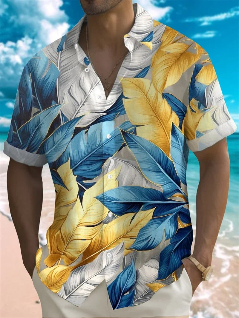 Men's 3D Print Colorful Feather Short Sleeve Turndown Hawaiian Button Up No Pockets Shirts