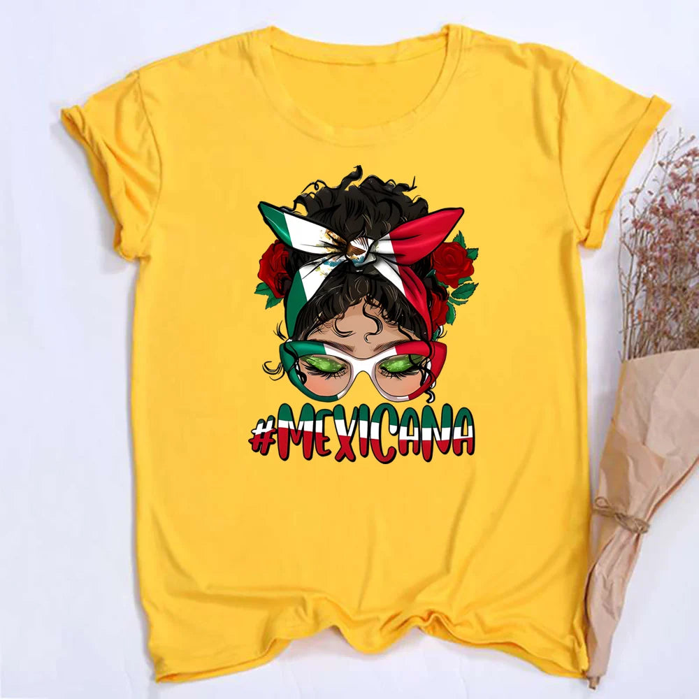 Mexicana Printed Women Top Women's Mexican Flag Pattern Casual T-shirt Summer Round Neck Short Sleeve Shirts Outfits