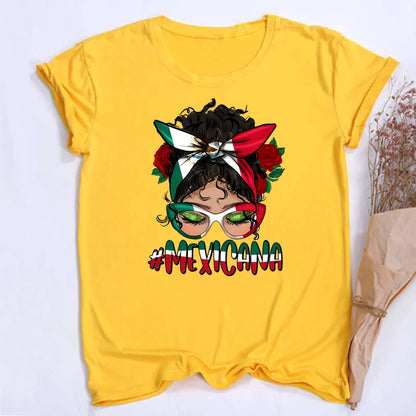 Mexicana Printed Women Top Women's Mexican Flag Pattern Casual T-shirt Summer Round Neck Short Sleeve Shirts Outfits