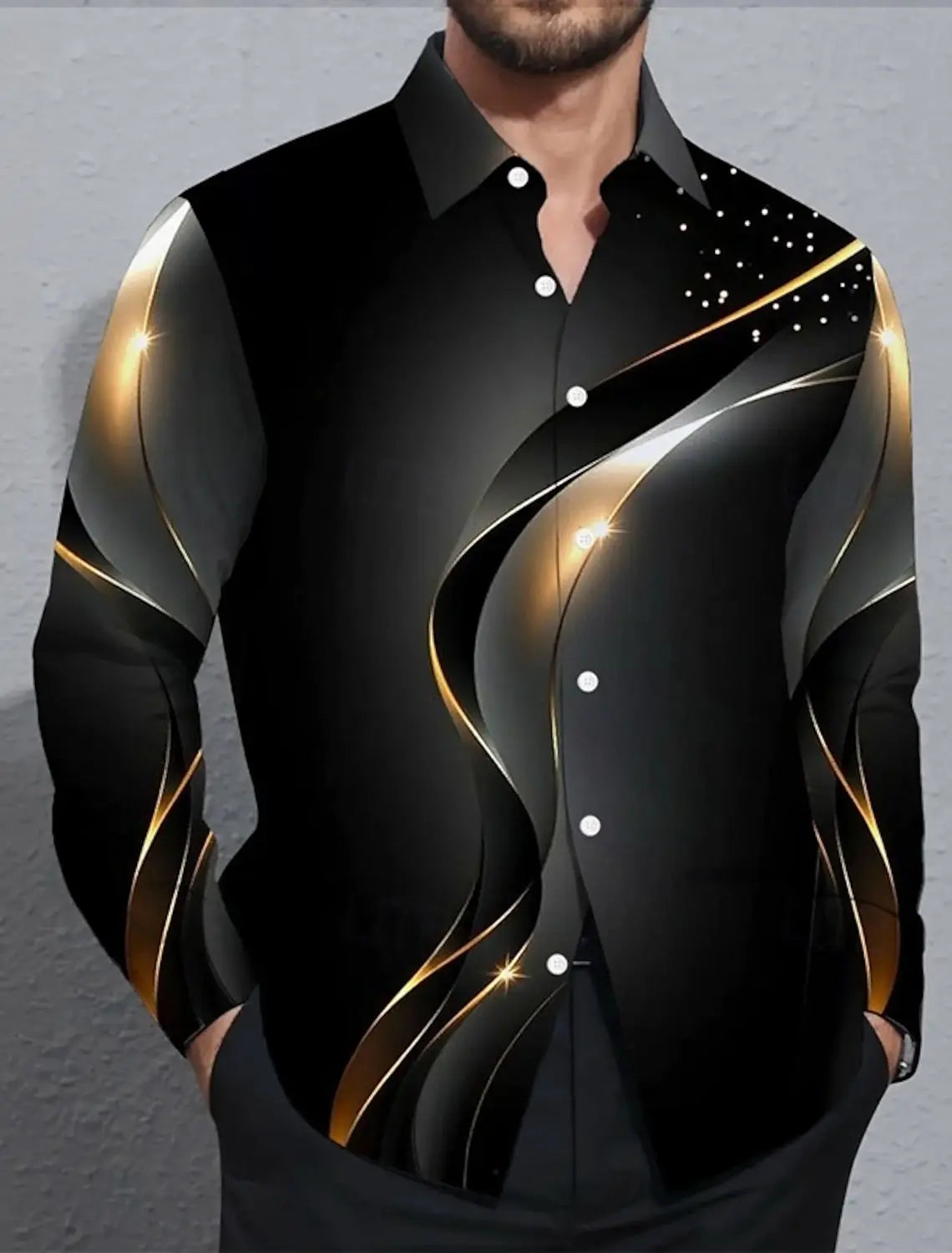 Men’s 3D Gradient Waves Shirt – Long Sleeve Button‑Up Streetwear