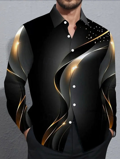 Men’s 3D Gradient Waves Shirt – Long Sleeve Button‑Up Streetwear