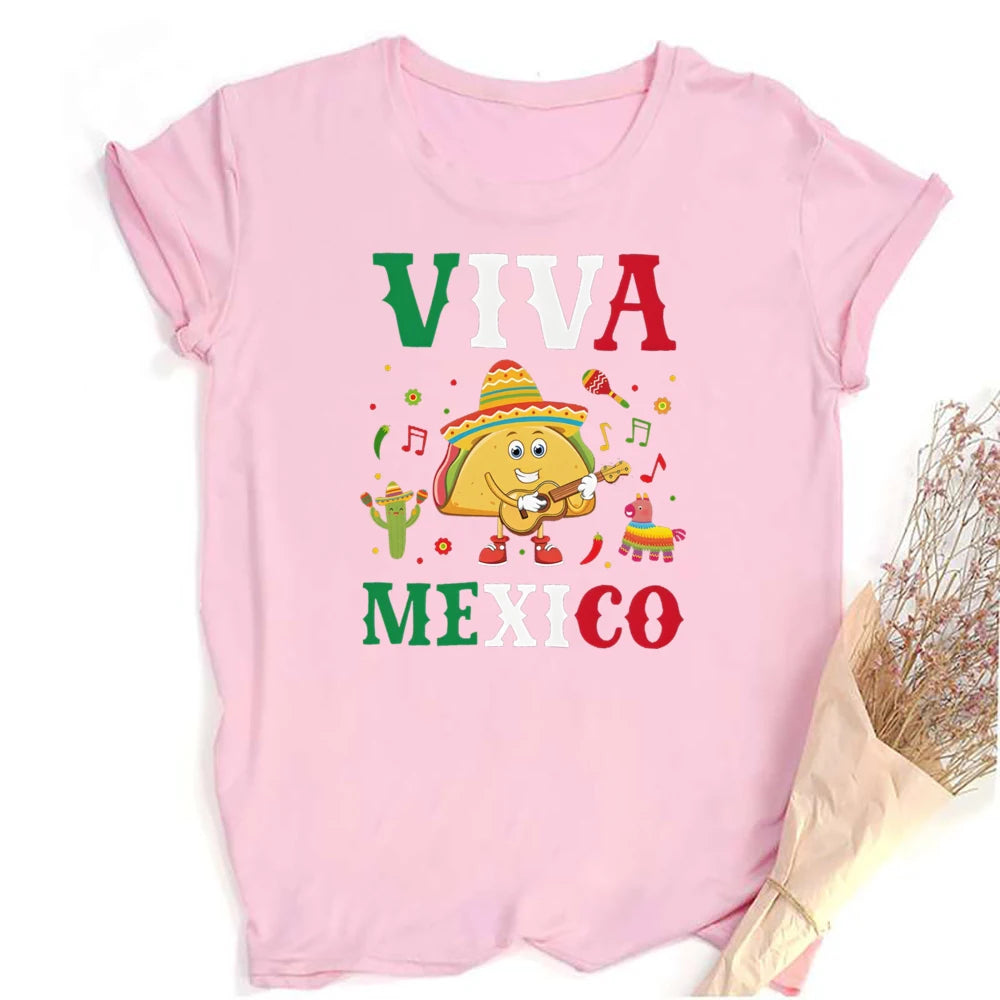 Viva Mexico Print Crew Neck T-shirt Summer Short Sleeve Casual Top Women's Mexican Flag Pattern T-shirt Clothes