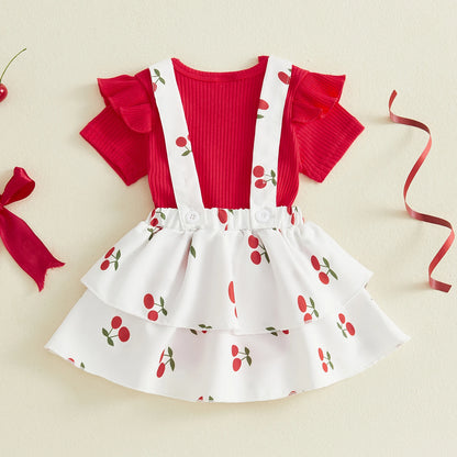 Pudcoco Baby Girls Summer 2 Piece Outfits Solid Short Sleeve Romper and Cherry Print Overalls Dress Set 0-18M