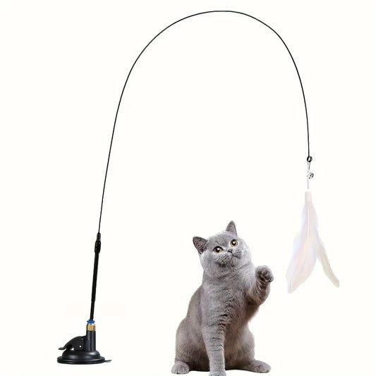 Interactive Bell & Feather Wand  Cat Teaser Toy  with Long Suction Cup Pole