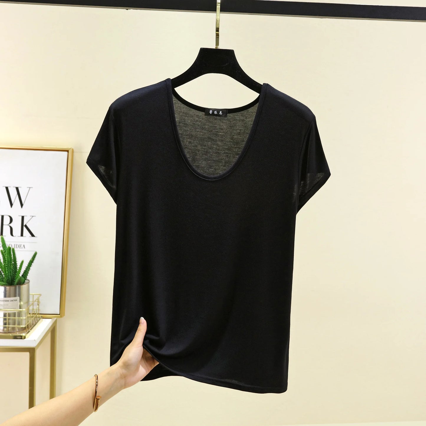 Women’s Plus Size U‑Neck Modal T‑Shirt (L–6XL) – Short Sleeve Solid Color Loose Tee