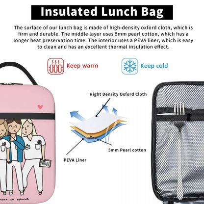Custom cartoon-printed lunch bag featuring ladies, nurses, and doctors. Thermal insulated, reusable, and multifunctional, perfect for kids' food bento boxes.