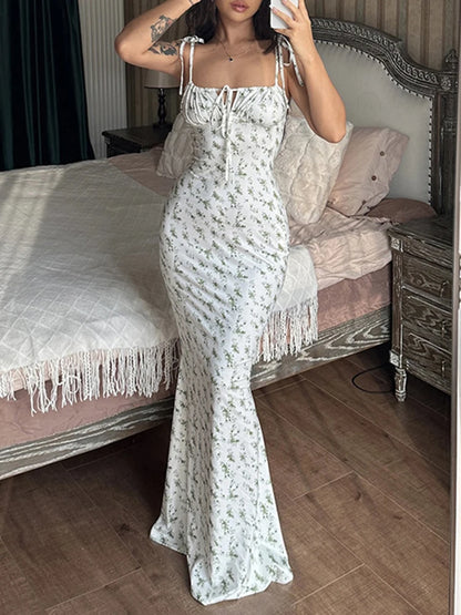 Sexy Sleeveless Lace Up Bodycon Long   Floral Maxi Dresses For Women