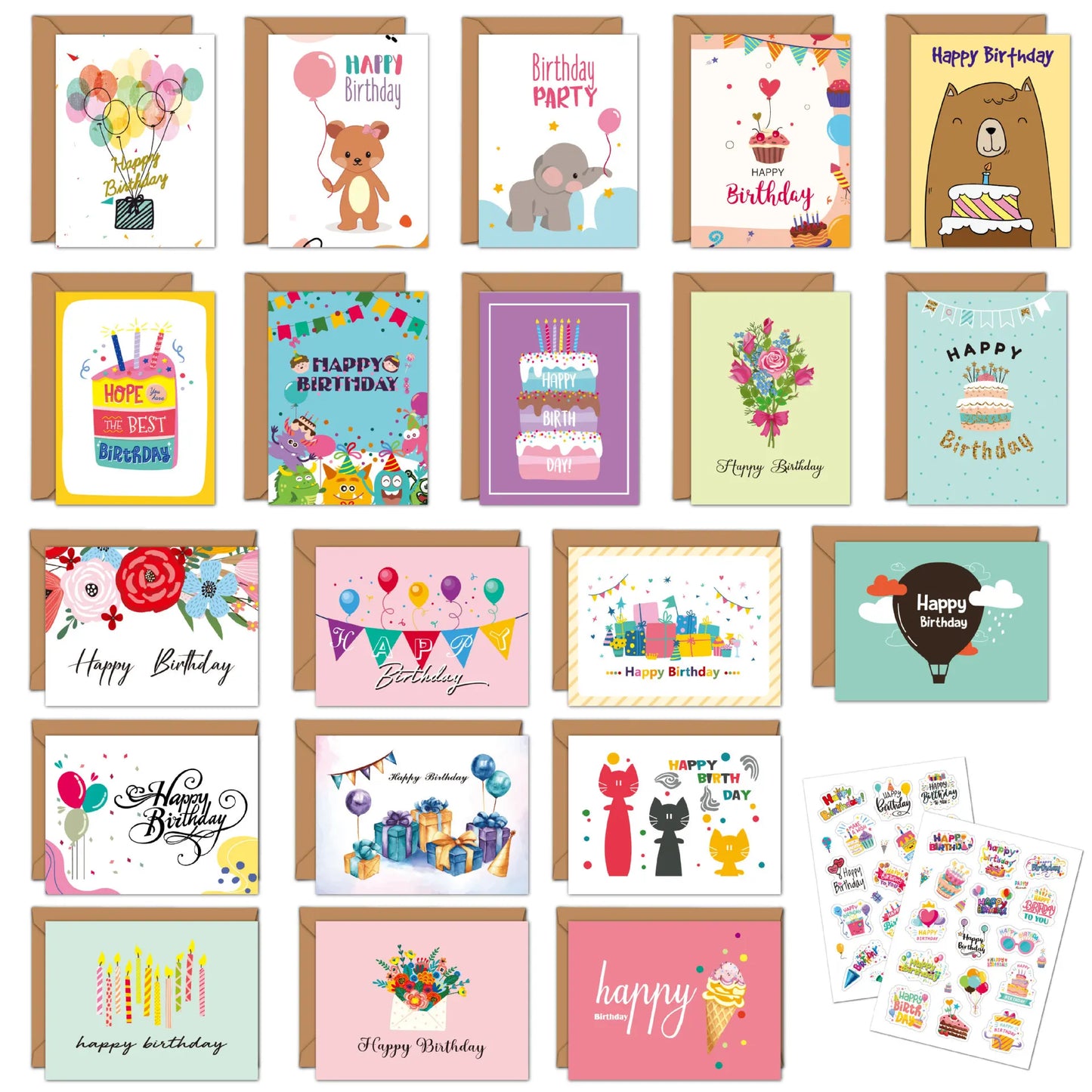 20 Happy Birthday greeting cards with envelopes, perfect for kids and adults. These folded cards are great for handwritten messages and birthday party invitations.
