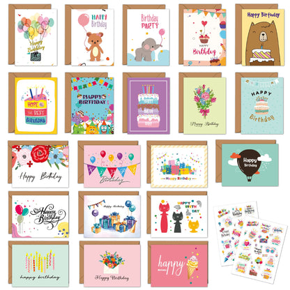 20 Happy Birthday greeting cards with envelopes, perfect for kids and adults. These folded cards are great for handwritten messages and birthday party invitations.