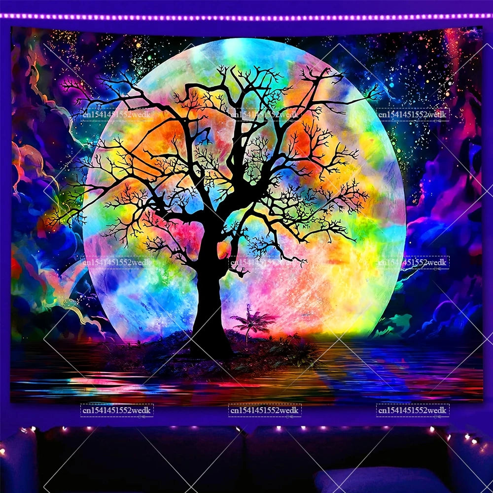 Boho Blacklight Tapestry Colorful Mandala Floral Tapestry Wall Hanging UV Reactive Aesthetic Glow In The Dark Party Backdrops