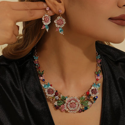 Mother’s Day Jewelry Gift:Luxury 3Pcs Rhinestone Flower Set for Women,Elegant Necklace&Dangle Earrings for Party Wedding Banquet