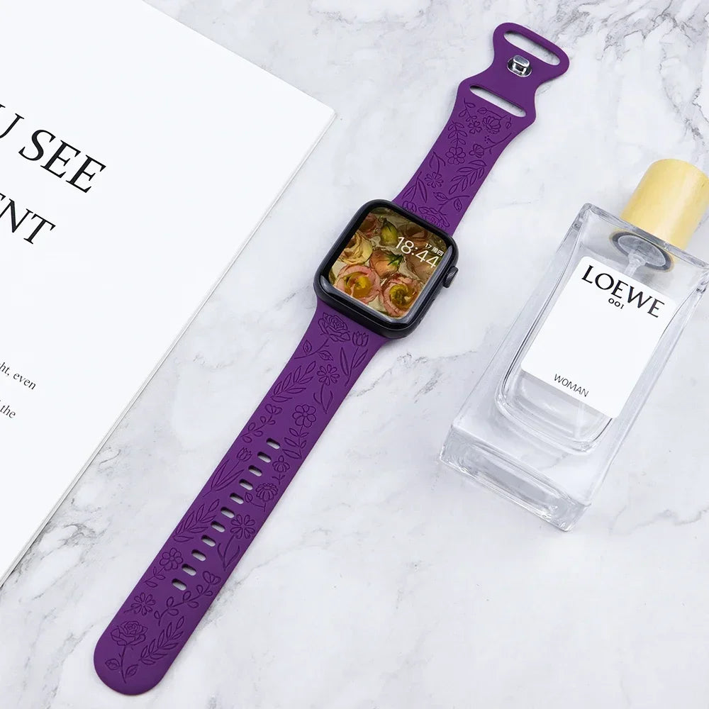 Engraved Strap for Apple Watch Ultra Band 2 49mm 45mm 44MM 38 40mm 41mm Floral Bracelet Fashion IWatch Series 9/8/7/6/5/4/3/se