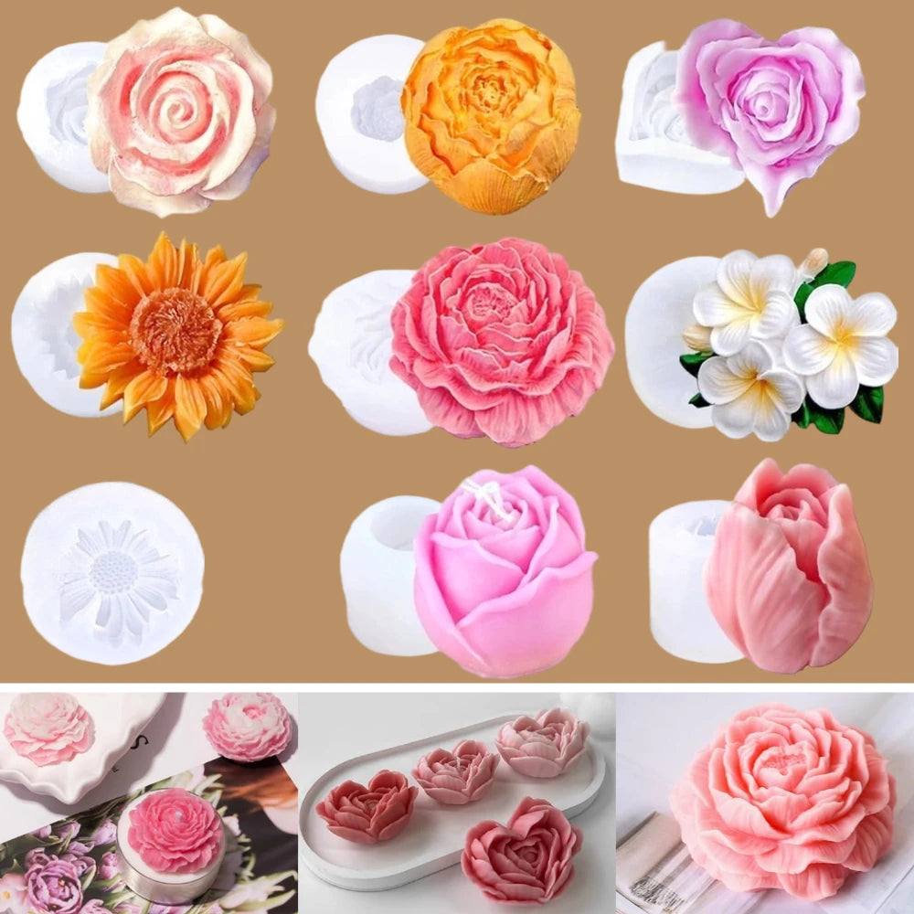9 PCS Rose Flower Tulip Peony Heart Candle Soap Wax Mold Valentine Day Silicone for Small Butter Candles Chocolate Making Molds