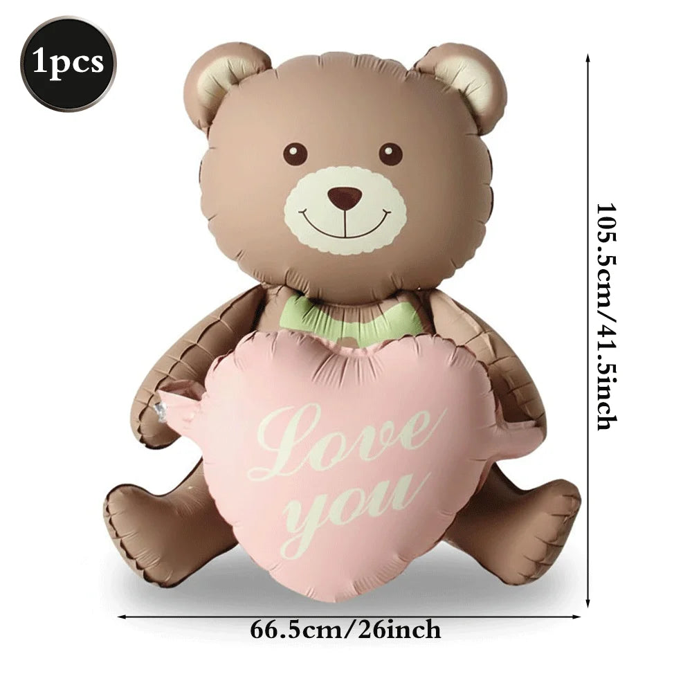 Matte Pink Brown Lying Bear Foil Balloons Love Heart Balloon for Valentines Day Decoration Bear Themed Birthday Wedding Supplies