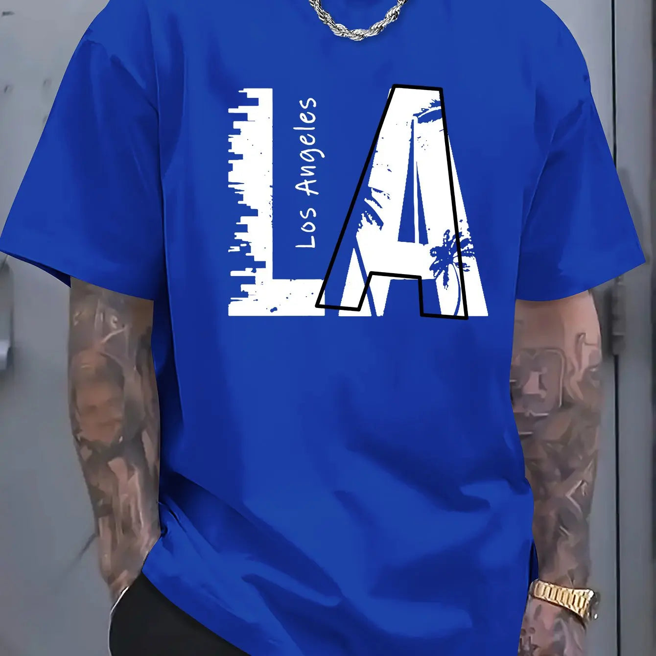 Men's summer 100 cotton fashionable casual loose plus size Los Angeles letter printed sports round neck short sleeved T-shirt