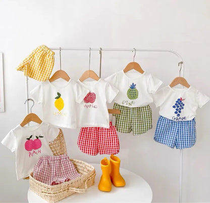 Baby Girl 2‑Piece Fruit Print T‑Shirt & Plaid Shorts Outfit