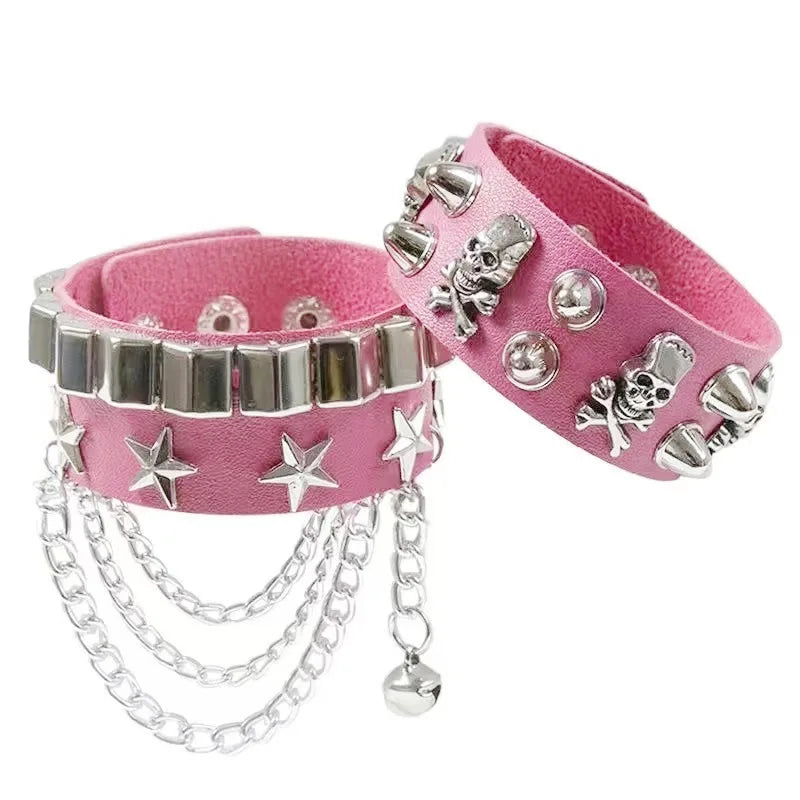 2 Pieces of Fashionable Multi-Layered Leather Wide Bracelets, Personalized Domineering Skull Rivets, Punk Hip-Hop Bracelets and Jewelry