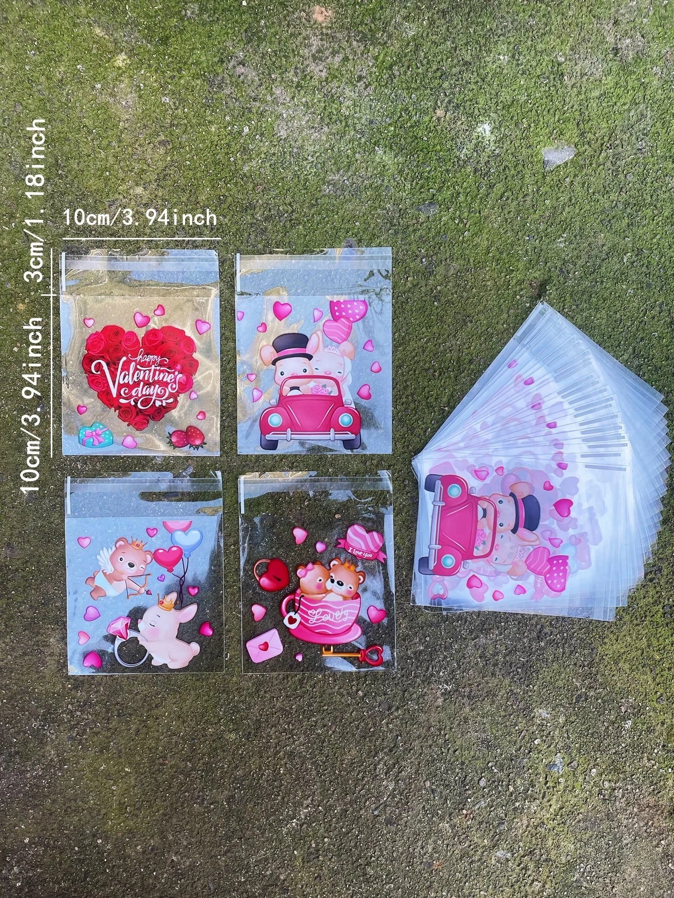 100pcs Red Rose Love Heart Balloon Pattern Gift Bag, Valentine's Day Cute Bear Printed Gift Decoration OPP Bag For Lovers Party