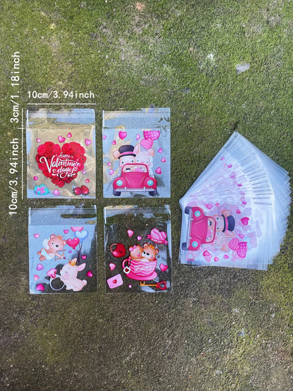 100pcs Red Rose Love Heart Balloon Pattern Gift Bag, Valentine's Day Cute Bear Printed Gift Decoration OPP Bag For Lovers Party