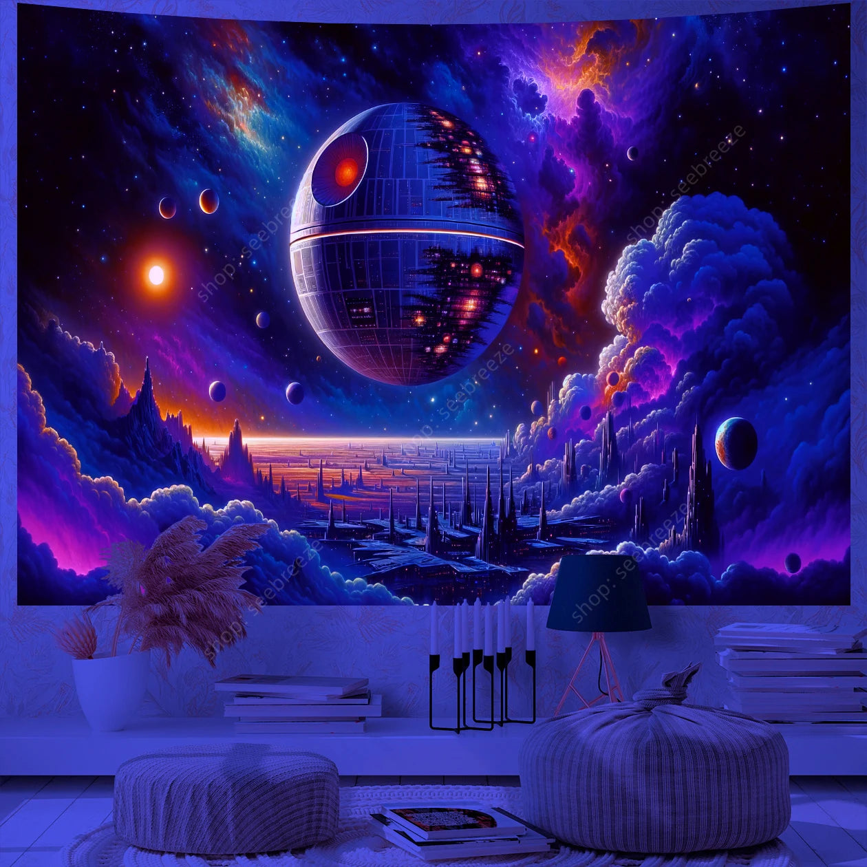 Galaxy Space Landscape UV Reactive Tapestry Trippy Planet Mountain River Neon Art Wall Tapestries for Bedroom Dorm Party Decor