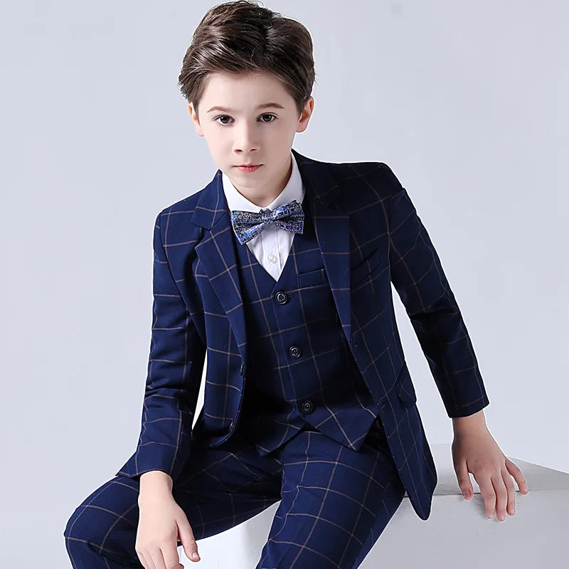 Boys Top Quality Plaid Suit Tuxedo Bowtie Blazer