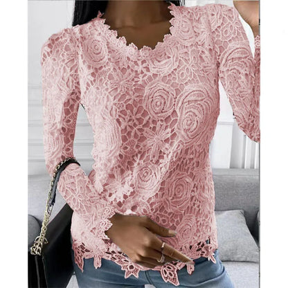 Women Lace Hollow T Shirt Top Fashion Round Neck Long Sleeve Office Lady Blouses Casual Vintage High Street Boho Tops All Season