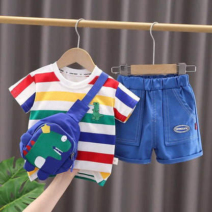 Summer Cute Cartoon Dinosaur Fashion Children O-neck T-shirt+Shorts+Bag Set