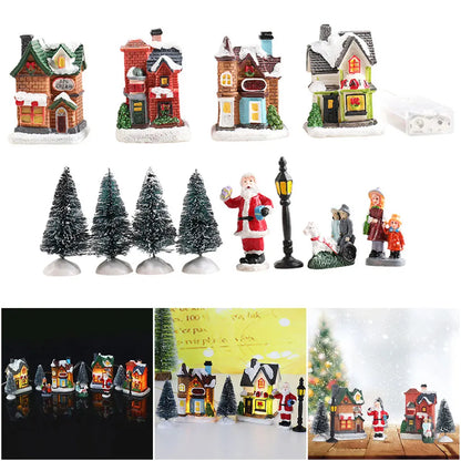 12 Pcs Mini Resin Christmas Village Figurines Decoration Set Lighted LED Christmas Winter Village Houses Xmas Winter Decorations