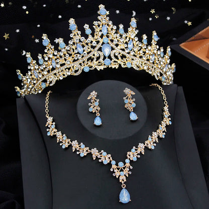 Luxury Silver Color Opal Water Drop Crown Bridal Rhinestone Tiaras and Necklace Earrings Jewelry Set