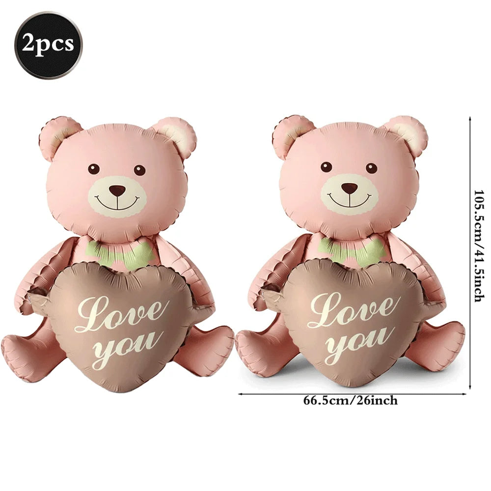 Matte Pink Brown Lying Bear Foil Balloons Love Heart Balloon for Valentines Day Decoration Bear Themed Birthday Wedding Supplies