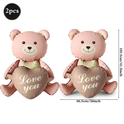 Matte Pink Brown Lying Bear Foil Balloons Love Heart Balloon for Valentines Day Decoration Bear Themed Birthday Wedding Supplies