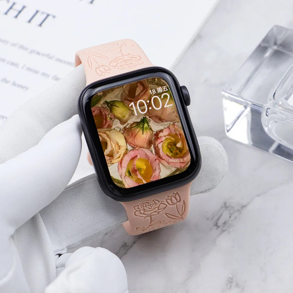 Engraved Strap for Apple Watch Ultra Band 2 49mm 45mm 44MM 38 40mm 41mm Floral Bracelet Fashion IWatch Series 9/8/7/6/5/4/3/se