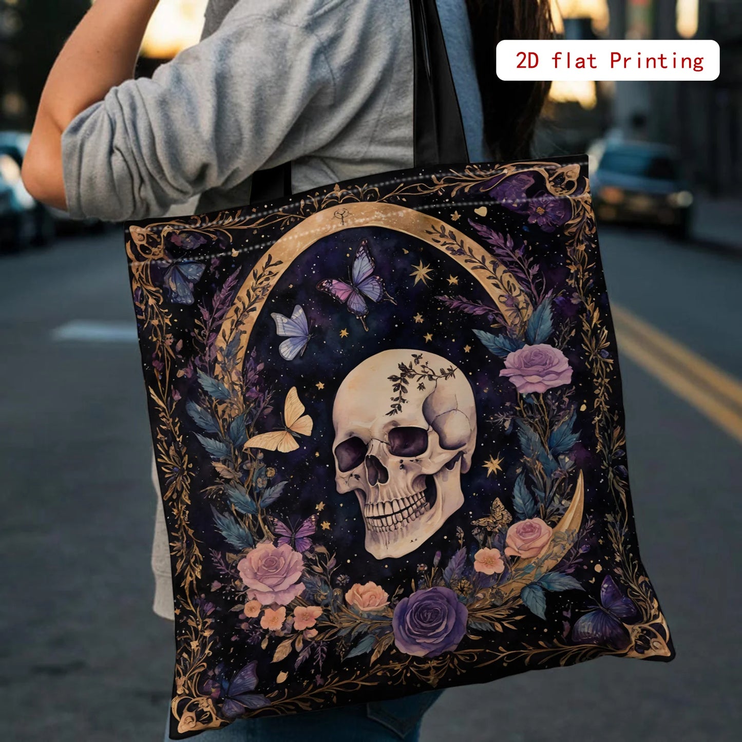 Women’s Gothic Skull Floral Tote – Large Capacity Open‑Top Purse (Purple / Black / Gold)