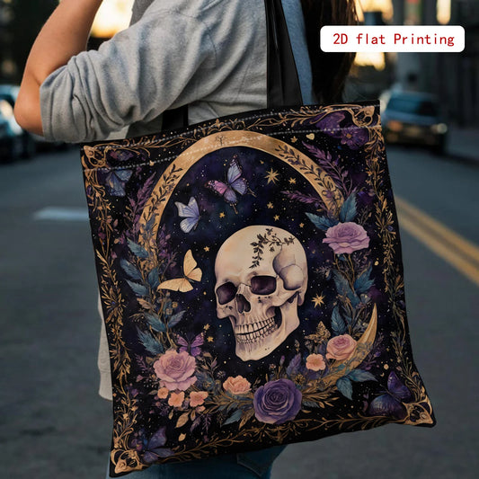 Women’s Gothic Skull Floral Tote – Large Capacity Open‑Top Purse (Purple / Black / Gold)