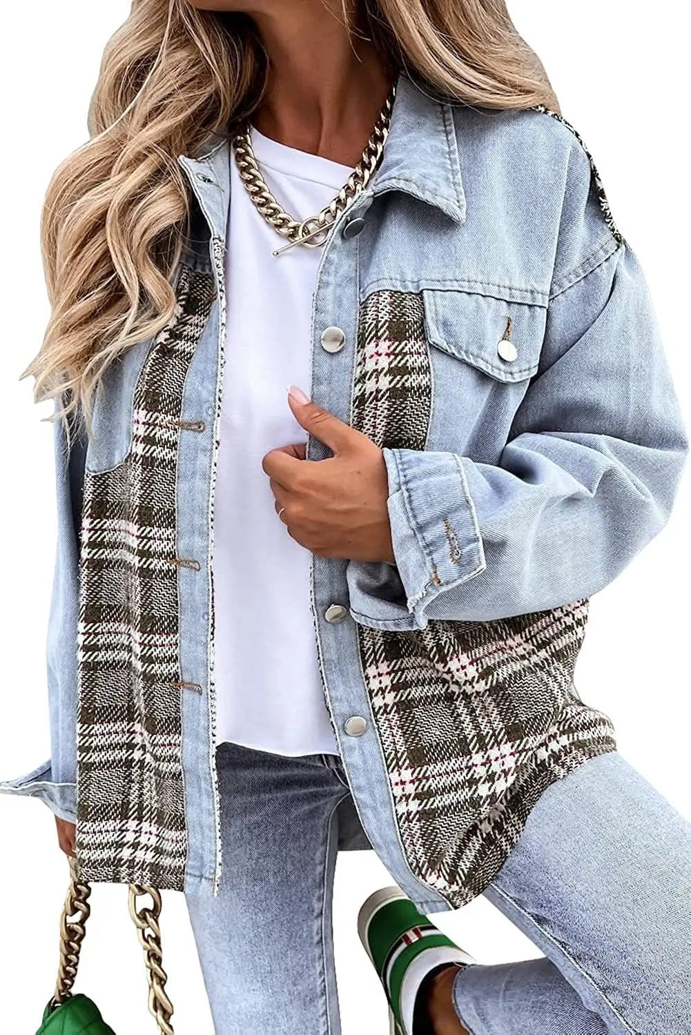 Women’s Long Sleeve Denim Jacket – Punk Plaid Print Button‑Up Irregular Shirt Jacket