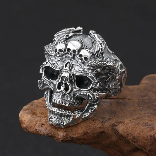 Fashion And Personality, Retro And Domineering Three Skull Ring, Open Mouth Men's Street Punk Hip-Hop Ring Bracelet
