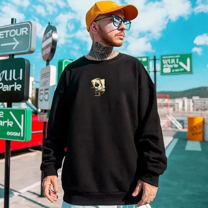 M-8XL Autumn Men Oversized Sweatshirts Fashion Loose American Trendy Play Cards Print Long Sleeve Plus Velvet Couple Clothes