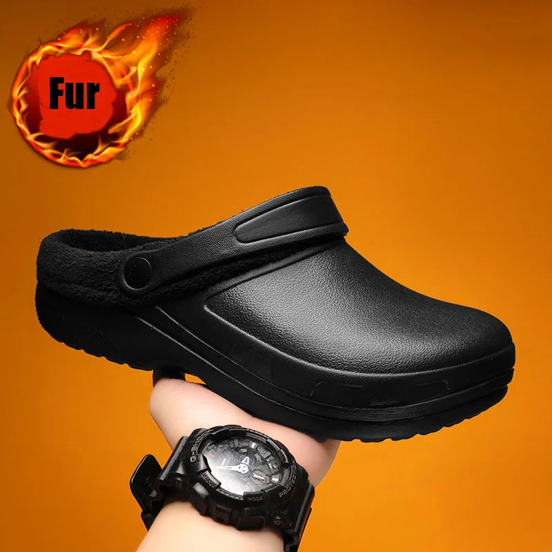winter fluffy slippers men outdoor clogs warm home cotton shoes indoor cozy slides pull on comforty non-slip chef shoes