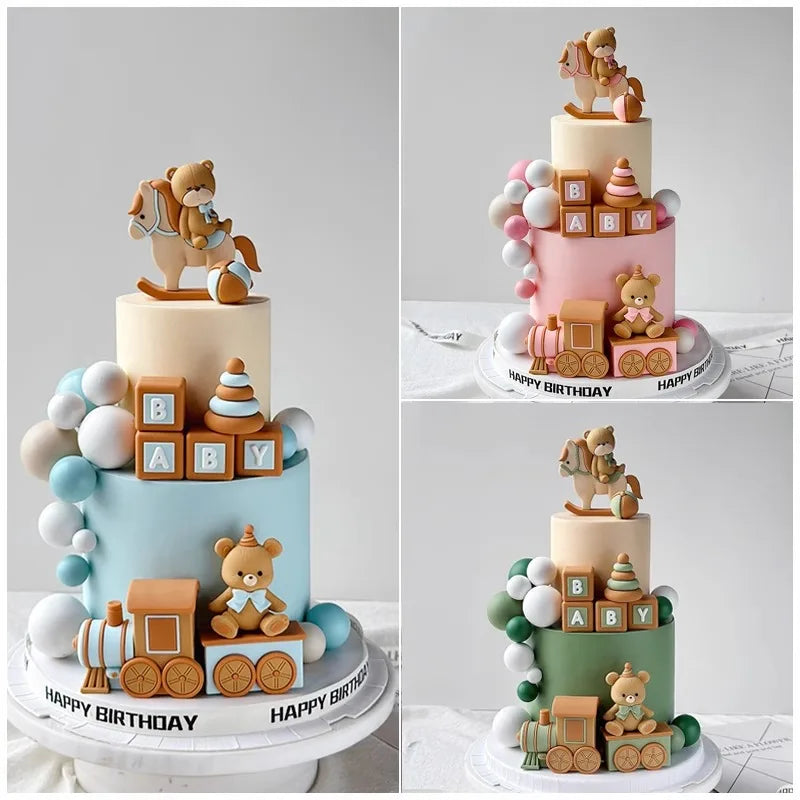 Blue Train Cake Topper Bear Cake Top Carriage Water Balloons Rainbow Tower Cake Decorations Boy Girl Baby Shower Party Supplies