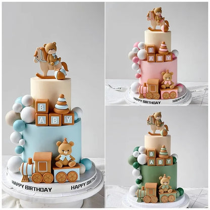 Blue Train Cake Topper Bear Cake Top Carriage Water Balloons Rainbow Tower Cake Decorations Boy Girl Baby Shower Party Supplies