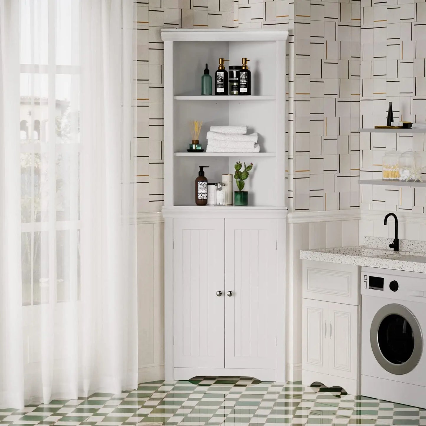 Corner Storage Cabinet 2 Door 3 Tier Shelves Freestanding Bathroom Living Room Bedroom Kitchen White, Customized