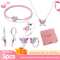 Pink Heart Bracelet Set 925 Silver Original Flower Ring Butterfly Earrings & Gift Box For Women Wedding Jewelry Best Wish 5pcs