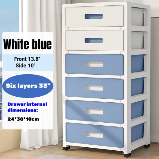 White and blue storage cabinet with dimensions displayed